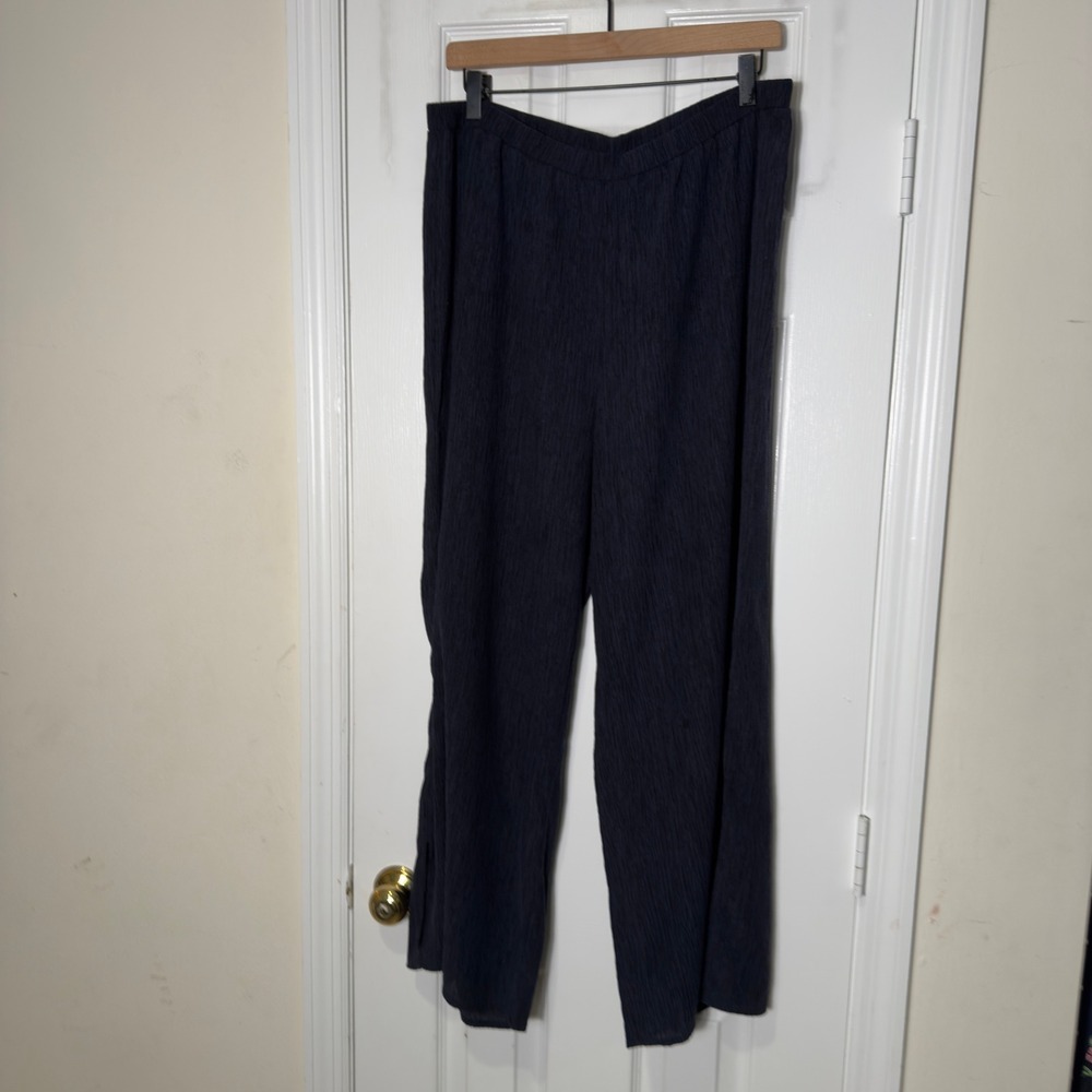 Eileen Fisher Crinkle Texture Pull On Pants Large Navy Blue Wide Leg